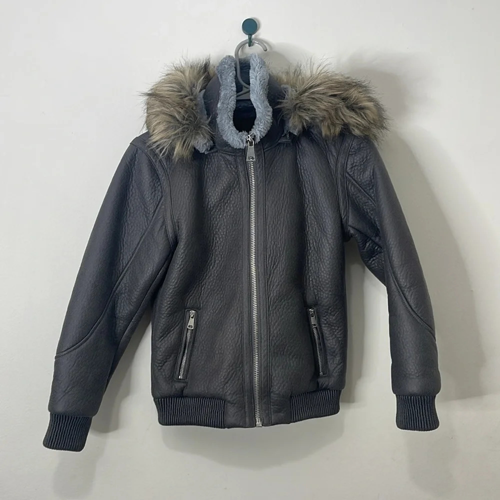 Robert Phillipe Gray Faux Leather Kids Coat Jacket with Fur Hood Size‎ 12
